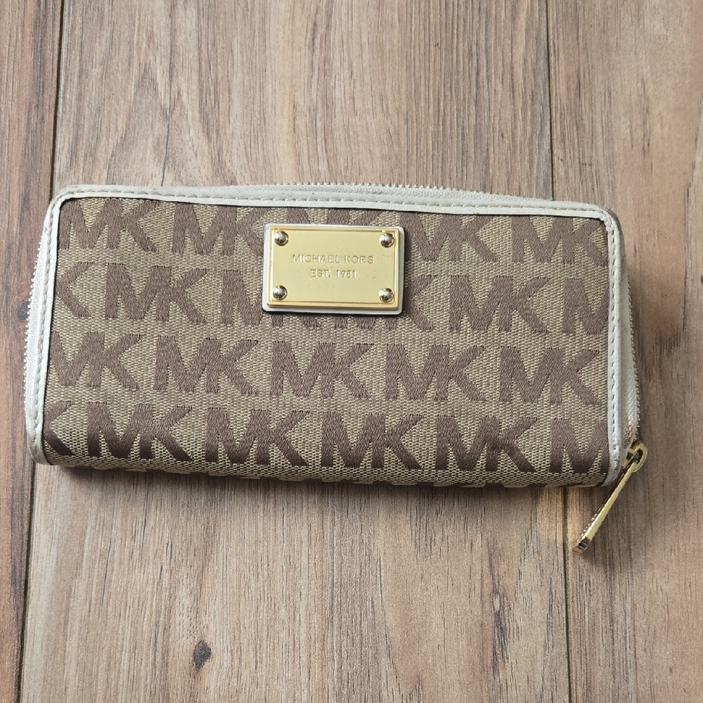 Michael Kors Tan and Gold Logo Zip Wallet